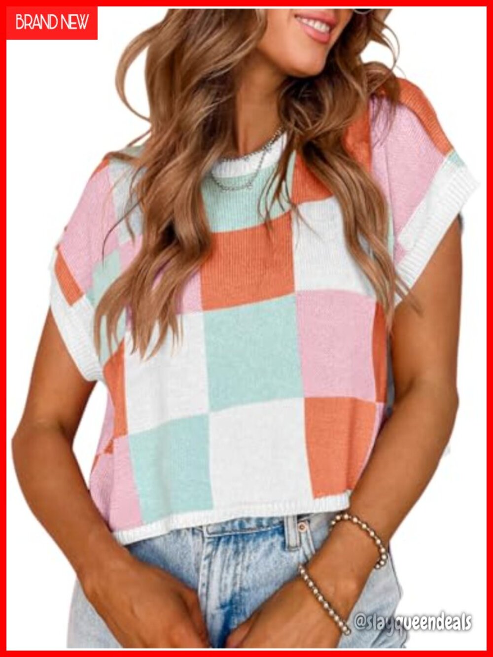 Saodimallsu Women's Cap Sleeve Crop Sweater Color Block Knit Top